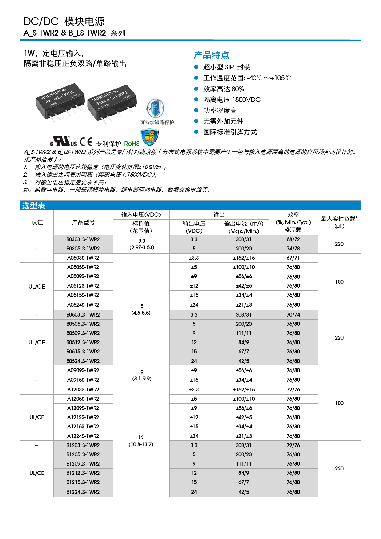 MORNSUN(金升阳)电源模块DC-DC/ B0505LS-1WR2